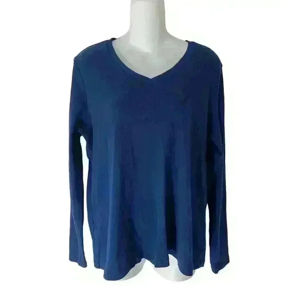 St. John's Bay V Neck~Long Sleeve-Cotton Top/Tee-Dark Blue-Size XL~NWOT